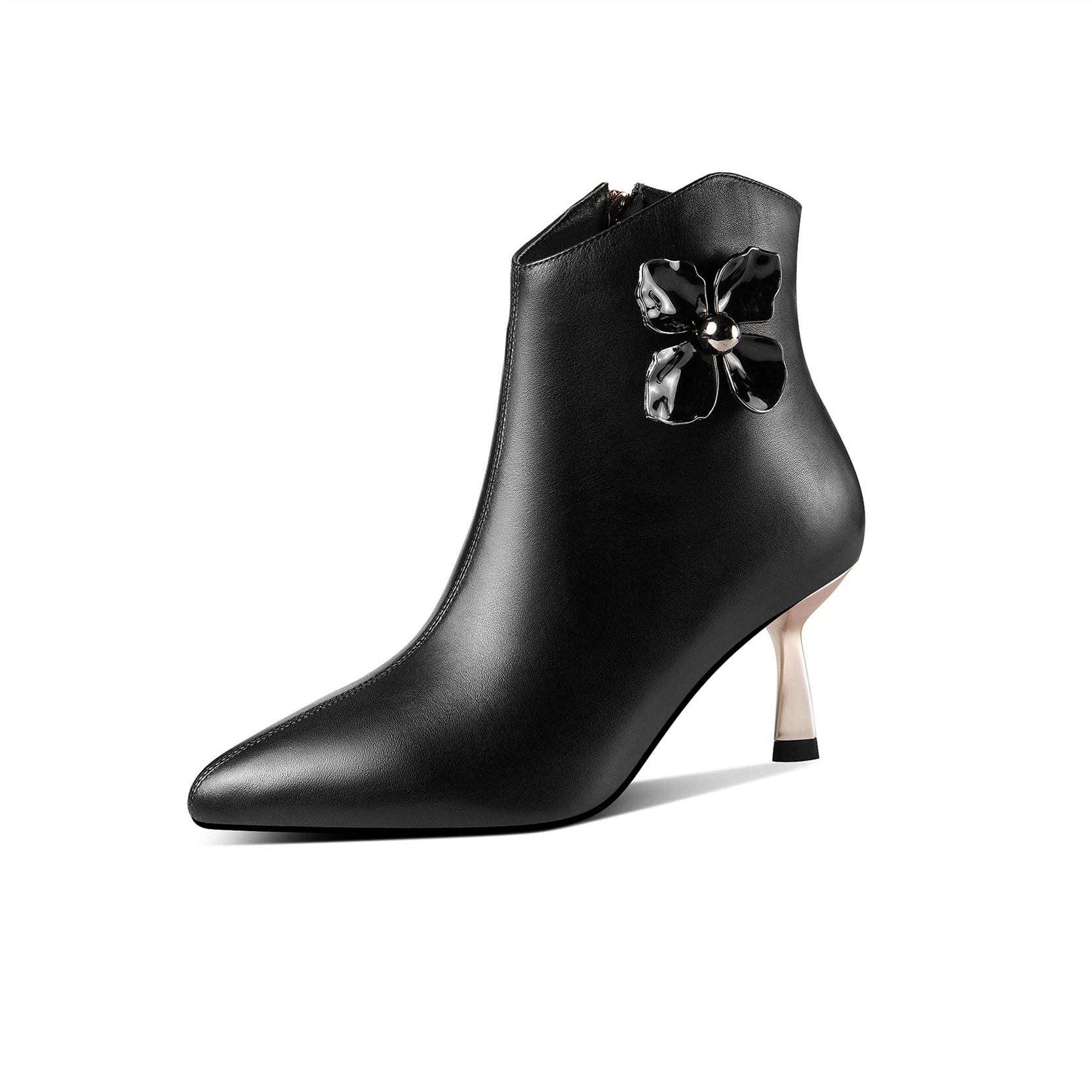 

Mstyle Metal Kitten Heel Genuine Leather Ankle Boots for Women Pearl Flower Pointed Toe Side Zip Up Handmade Ladies Warm Boot