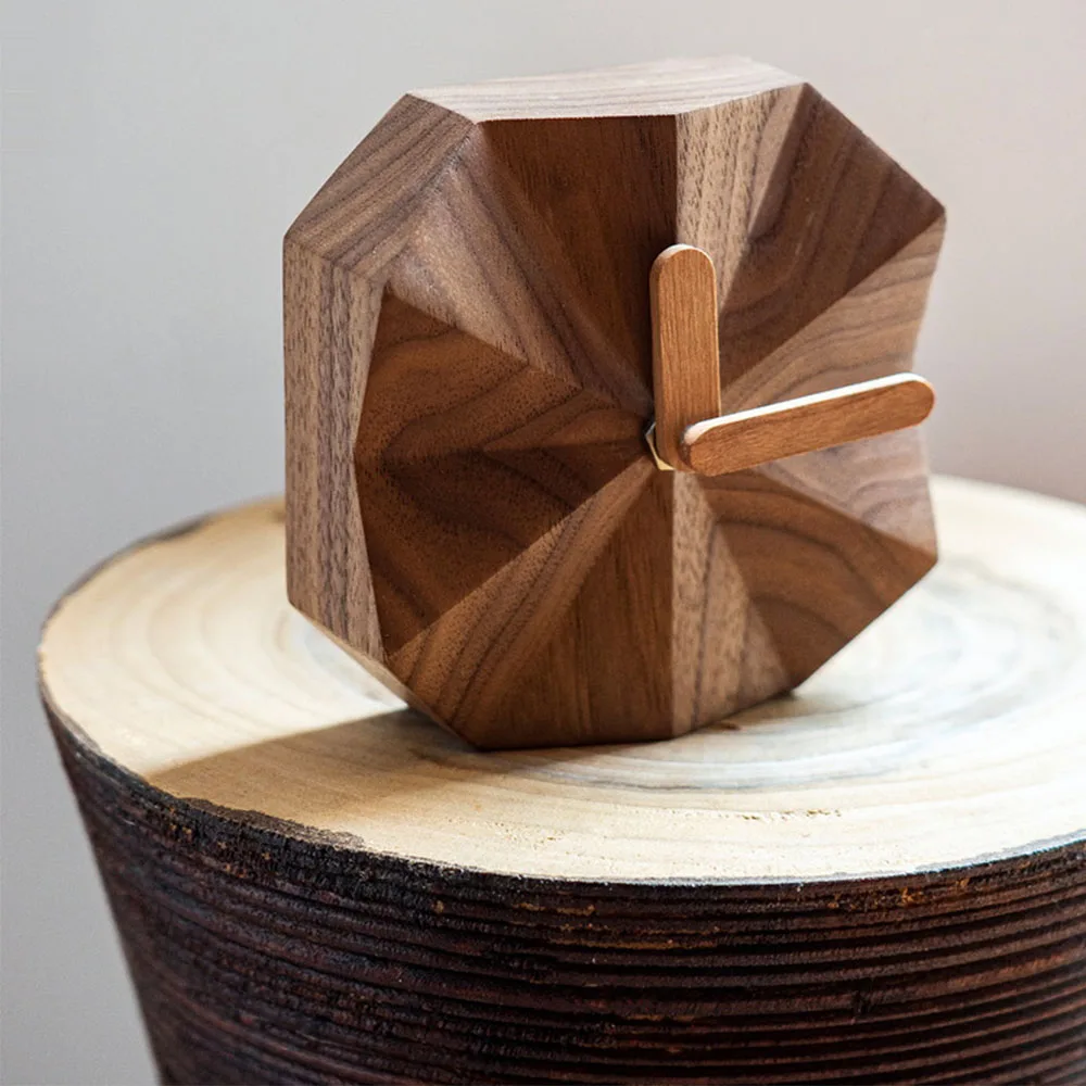 Mini Portable Angular Natural Solid Wood Pointer Clock Bedroom Wooden Alarm Clock Home Decoration Art Ornaments