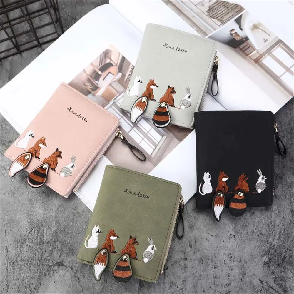 

Cute Fox Pattern Women Wallet Zipper Snap Coin Purses PU Leather Card Holder Portable Clutch Short Money Clip Girl's Cartoon Bag