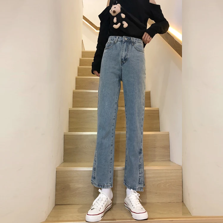 

DD2161 Slit jeans women's new straight pants high waist slim nine points pants jeans