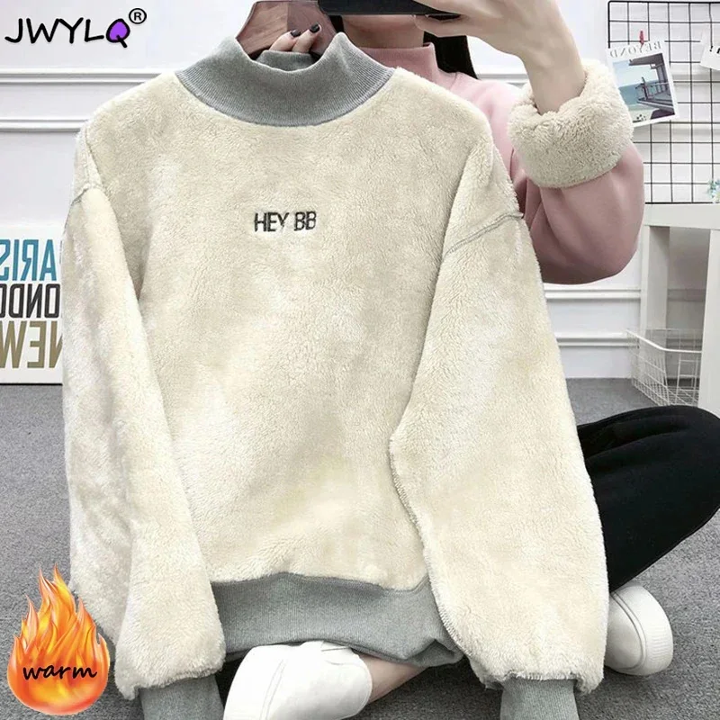 

2023 плюс бархатная теплая половина высоты с вышивкой в виде букв осенне-зимние толстые свободные свитшоты простая уличная одежда Топы