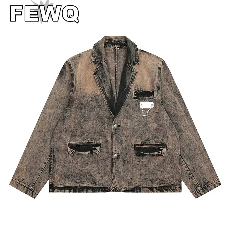 

Куртка FEWQ Мужская рваная джинсовая, верхняя одежда в американском стиле, с лацканами, винтажный стиль, весна 2023, Y2k, 24B1755