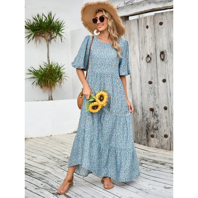 Винтажное повседневное Свободное длинное платье с круглым вырезом и средним