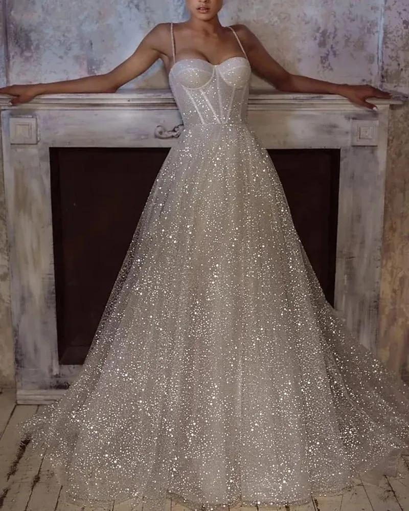 

Shine Casual Wedding Dresses Sweetheart Spaghetti Strap Sequined 2023 Bridal Gowns A-Line Vestidos De Noiva