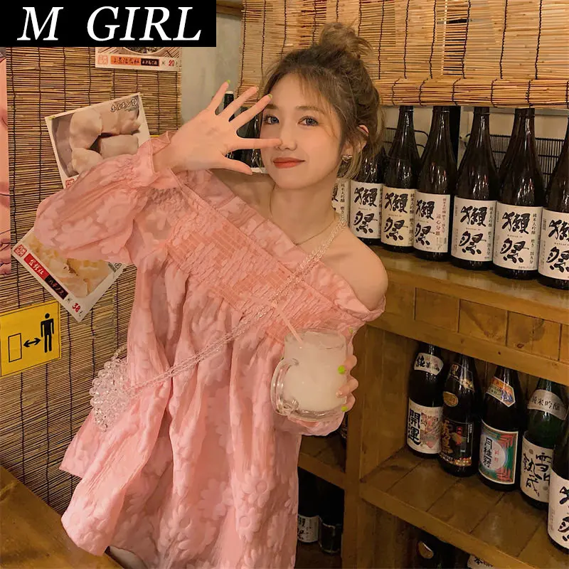 

M GIRLS Dress Women Sweet Tender Pink Teen Girls Sexy Slash Neck Off Shoulder Summer Baggy Floral Puff Sleeve Streetwear Lovely