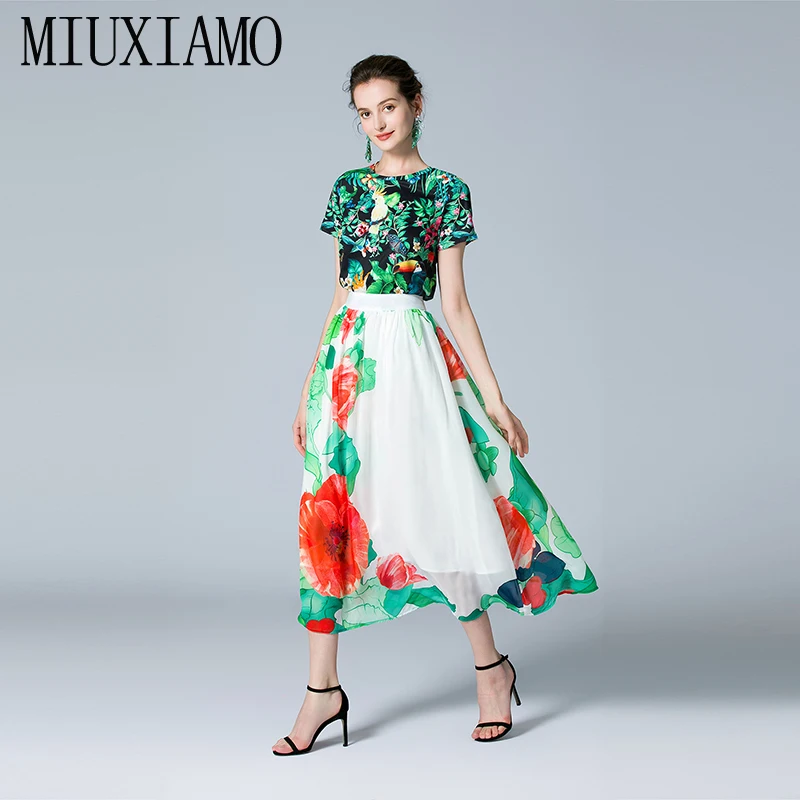 

MIUXIMAO 2022 High Quality Spring&Summer Elegant Set Short Sleeve O-Neck Print Shirt + Skirt Fashion Two Piece Set Women Vestide