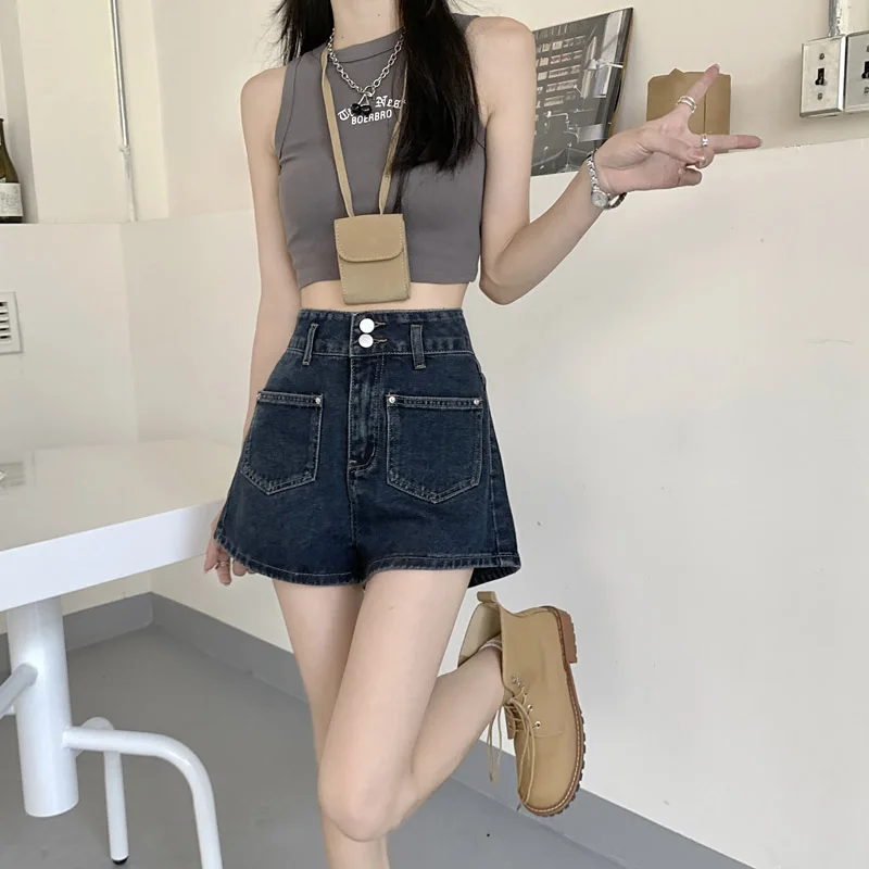 Heard Future 2023 Spring Summer Shorts Women High Waisted Blue Gray Straight Wide Pants Denim Short Korean Version Loose Commute