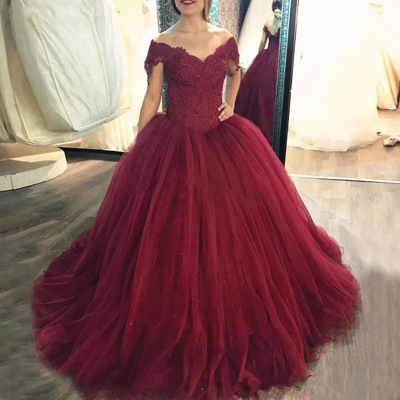 

V-Neck Burgudy Ball Gown Quinceanera Dresses Vestidos De 15 Anos Luxury Applique Birthday Princess Party Gowns HOT