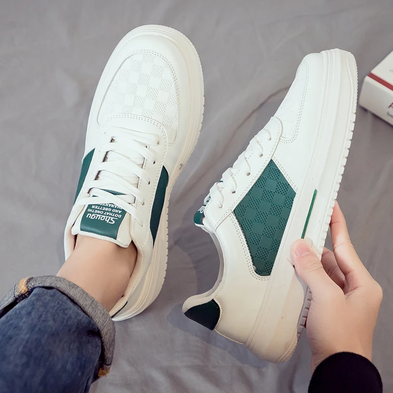 

Мужские кроссовки с клетчатым принтом, белые кожаные кроссовки на плоской подошве, повседневная обувь для скейтборда, молодежная Уличная обувь,