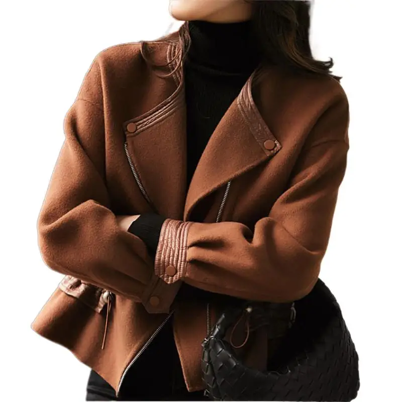 Real Wool Patchwork Genuine Leather Coat Jackets Women Female Sheep Skin Leather Drawstring Short Overcoats Zipper Outwear