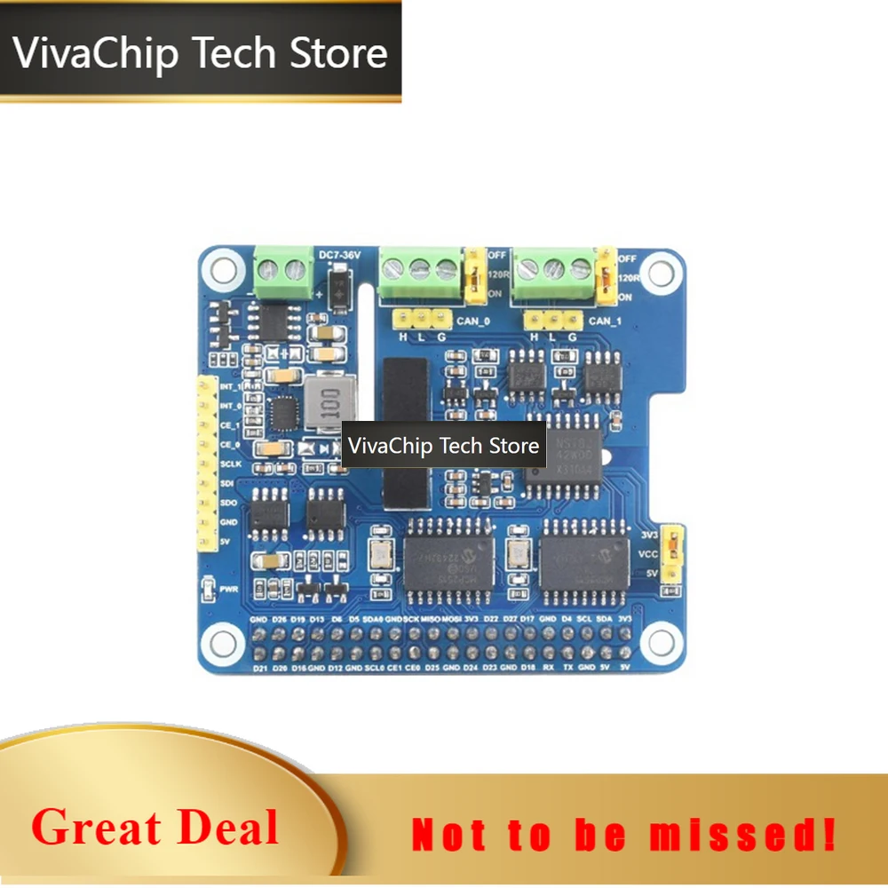 Фото Модуль расширения CAN-шины VivaChip Tech2 с 2-канальной изолированной коммуникацией для Raspberry Pi, решение с двумя чипами, штабелируемая конструкция для расширения мультипортовых подключений №1