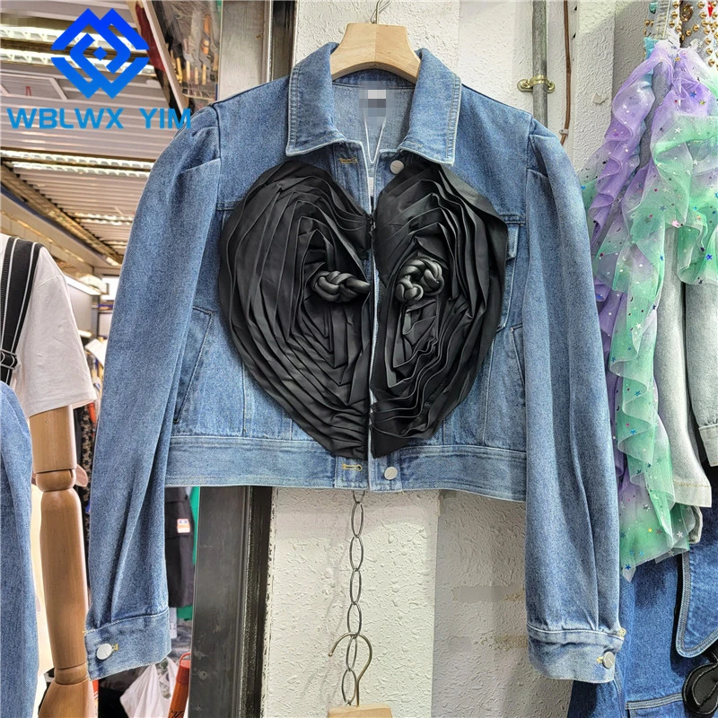 

Jeans Jacket Women Single Breasted Pocket Lapel Fashion Spliced Short Denim Jackets Spring Autumn Loose Casual Jeans Coat Female