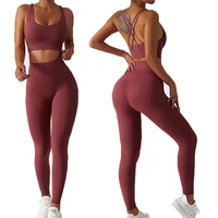 gym sets women outfits two piece sexy back sports bra high waist leggings push up yoga pants scrunch workout female gym clothes