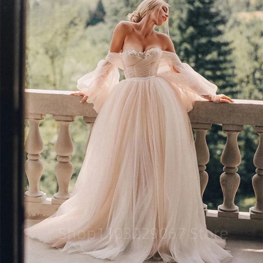 

Elegant Puff Long Sleeves Tulle Wedding Dress A Line Bridal Gowns Sweetheart Vestido Novia Floor-Length Appliques Robe De Mariée
