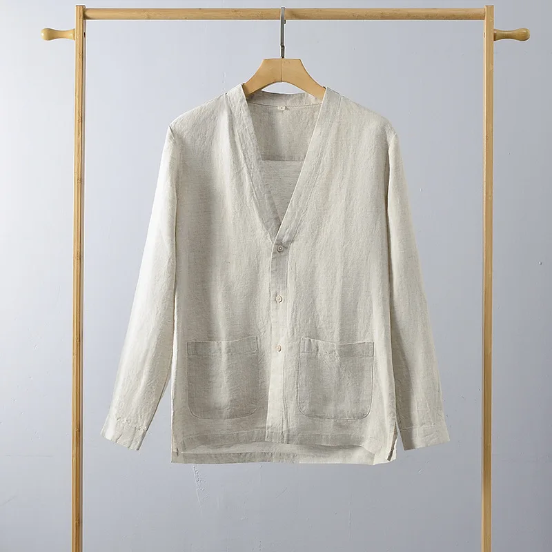 

Рубашка Мужская льняная с V-образным вырезом, модная Сорочка свободного покроя, удобная одежда, весна-осень 2023