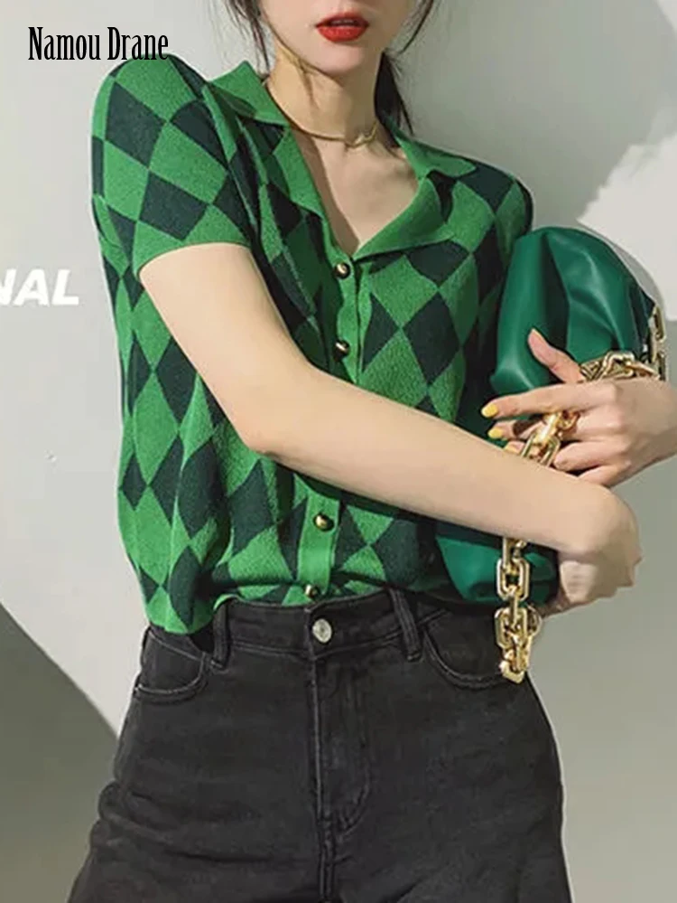 

Namou Drane Summer Ice Silk Short Sleeve Cardigan 2022 Thin Women's Polo Collar Short Loose Style Is Versatile Women-blouses
