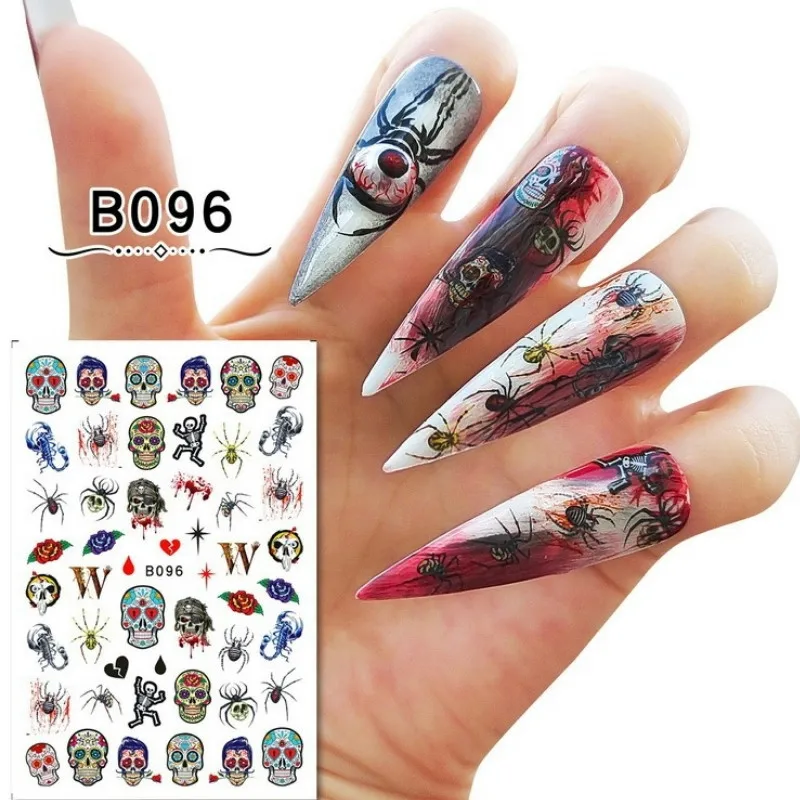 Наклейки для ногтей на Хэллоуин, смешанные, 12 штук, черные, полного покрытия, самоклеящиеся, декорации, дизайнерские аксессуары для ногтей, стикеры для красоты ногтей.