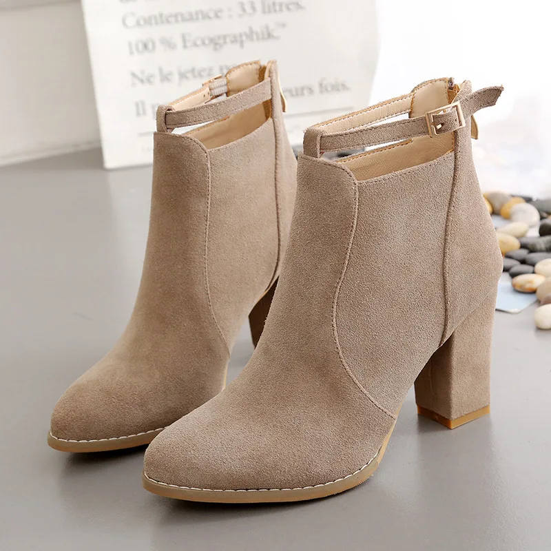 2023 Plus Size 42 43 Women Boots Flock Zipper Pointed Toe Autumn Winter Ankle Thick High Heels Ladies Shoes Womans Pumps Booties