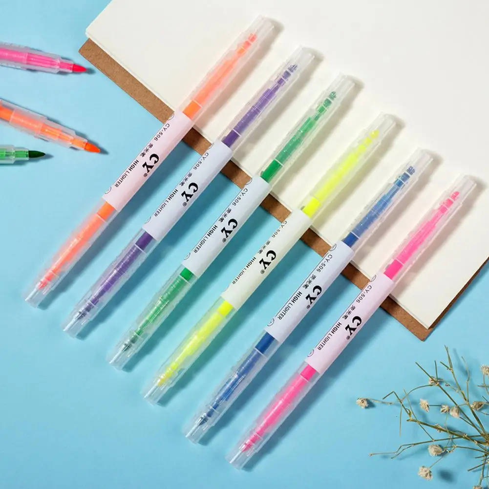

NEW 6pcs Mild Color Highlighter 6-color Double-tips Highlighter Colored Markers Students Stationery Supplies