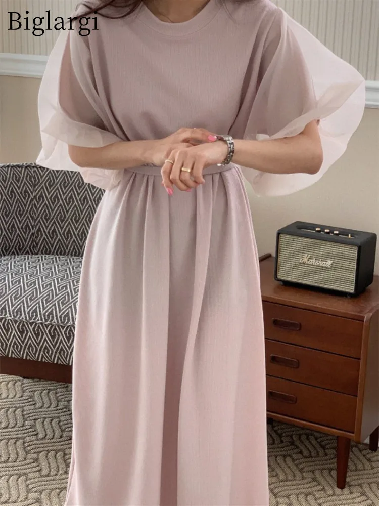 

Fashion Patchwork Mesh Double Layer Lantern Sleeve Dress Summer High Waist Women Korean Casual Ladies Dresses Womens Long Dress