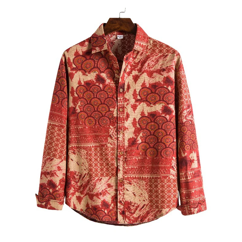 

Ethnic Style Floral Printed Cotton Linen Shirt Men Casual Button Down Mens Dress Shirts Long Sleeve Harajuku Shirt Chemise Homme