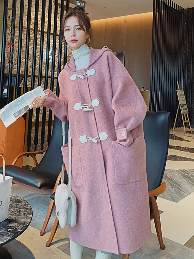 

LANMREM пуговица из рога капюшон шерстяное пальто для женщин Корейская версия свободный утолщенный длинный рукав пальто осень зима 2Q1063