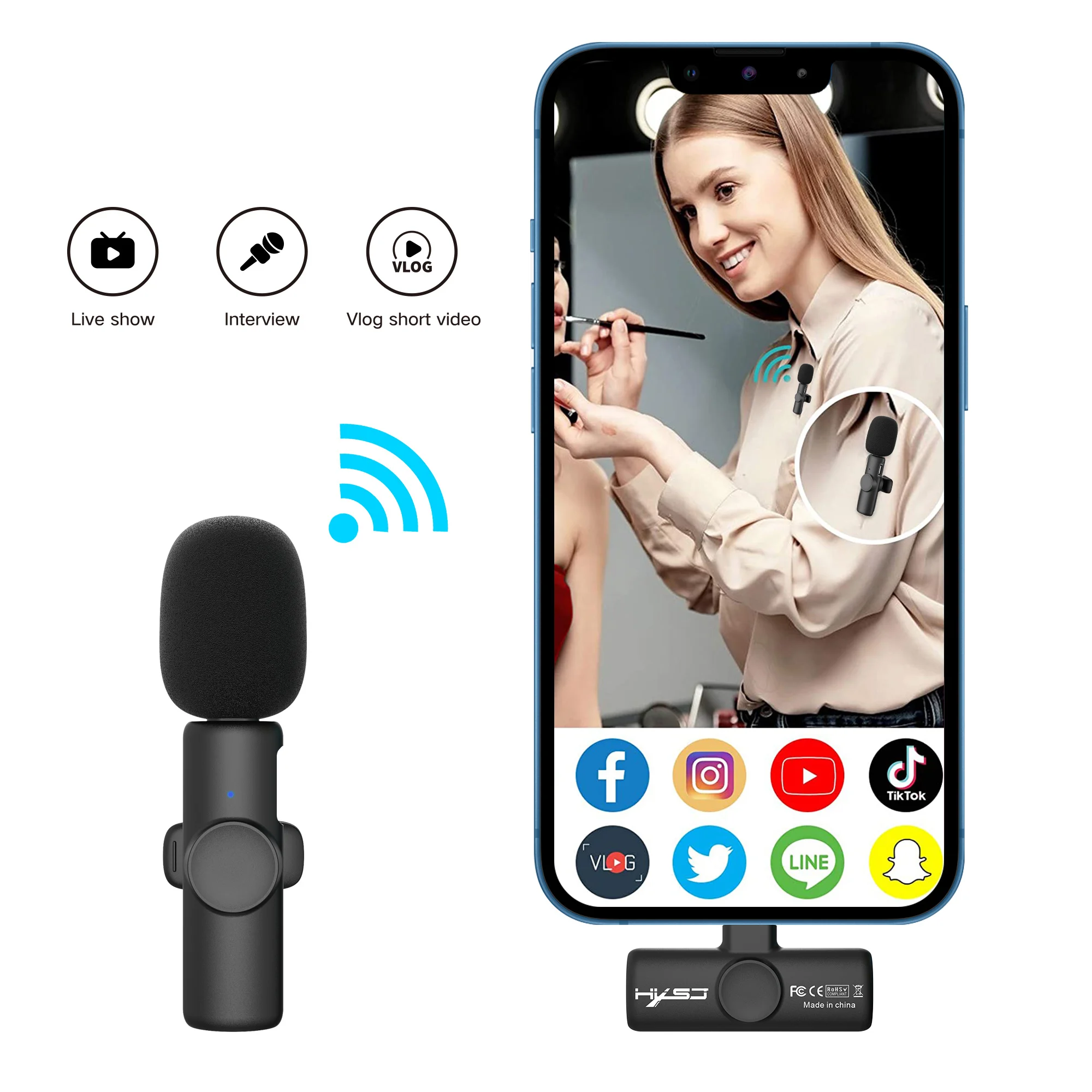 

Wireless Lavalier Microphone Portable Audio Video Recording Mini Mic for iPhone Android Phone Tablet Live Broadcast Interview