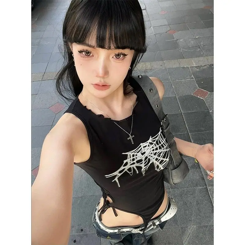

Hikigawa шикарная модная женская Винтажная Майка в стиле панк Y2k, бесцветная пикантная майка без рукавов, с рисунком паутины, укороченные майки для женщин