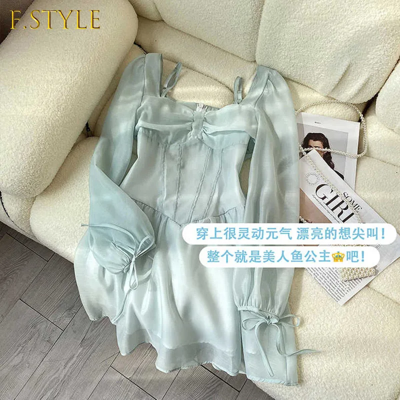 

F GIRLS 2022 New Summer Autumn Light Thin Mini Dress Fishbone Off-the-Shoulder Square Collar Knotted Cuffs Long-sleeved Cami