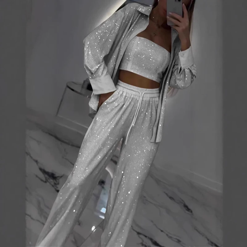 Фото Casual Lapel Shirt Commuting Suit Elegant Club Party Multi-color Outfit Fashion Sequin Long Sleeved Women 3 Piece Set For Spring №4