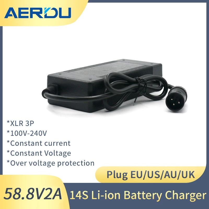 

AERDU 58.8V 2A electric bike Charger XLR 3P For 14S 52V lithium Battery e-bike Charger High quality Strong with cooling fan