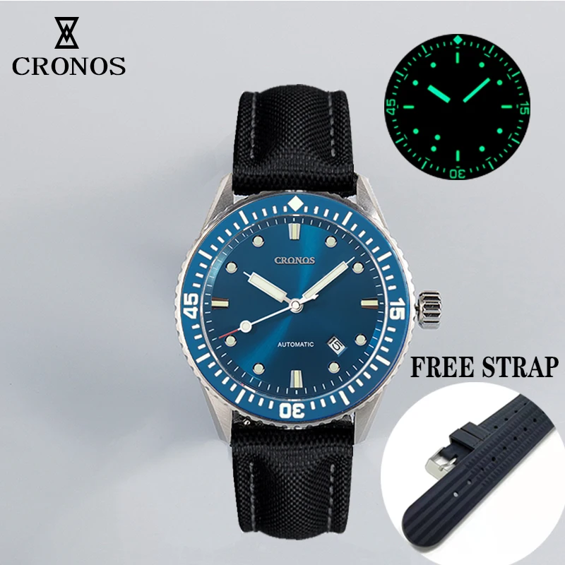 

Мужские часы Cronos Sea Diver C3, светящийся выпуклый автоматический гвоздь NH35 200 м, водостойкий вращающийся керамический ободок, кожаный ремешок