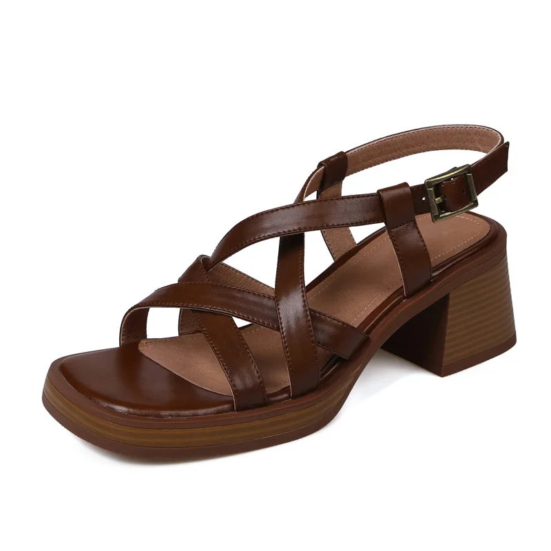 

Women High Heeled Sandals SmallHut New Arrived Summer Leather Retro Thick Heel Black Brown Open Toe Side Buckle T-Strap Shoes