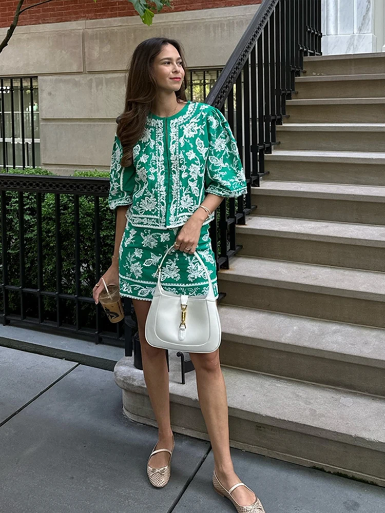 Элегантные женские комплекты с принтом и юбками повседневные топы круглым