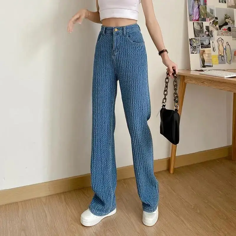 

Модные Винтажные джинсовые брюки в Корейском стиле на весну и осень, мешковатые брюки с высокой талией и широкими штанинами, уличная одежда, вязаные джинсы для мам Y2k, 2022