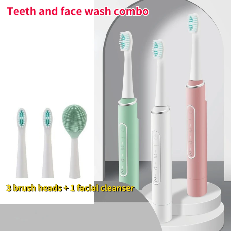 

Sonic Electric Toothbrush Six Modes USB Charger Facial Cleanser 2 In 1 Replacement Timer 3 Brush Heads + 1 Cleansing Toothbrush