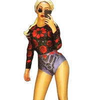 sparkly rhinestone rose flower printed women bodysuits long sleeve skinny stretch jumpsuits nightclub dj singer dance costumes
