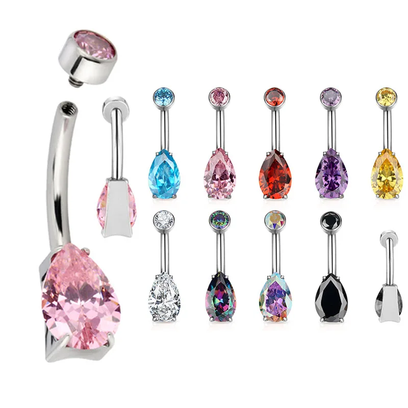 

G23 Titanium Navel Ring PIERC 14G CZ Top and Pear CZ Paved Threaded EARRING Belly Piercing Belly Button Ring Body Jewelry Unisex