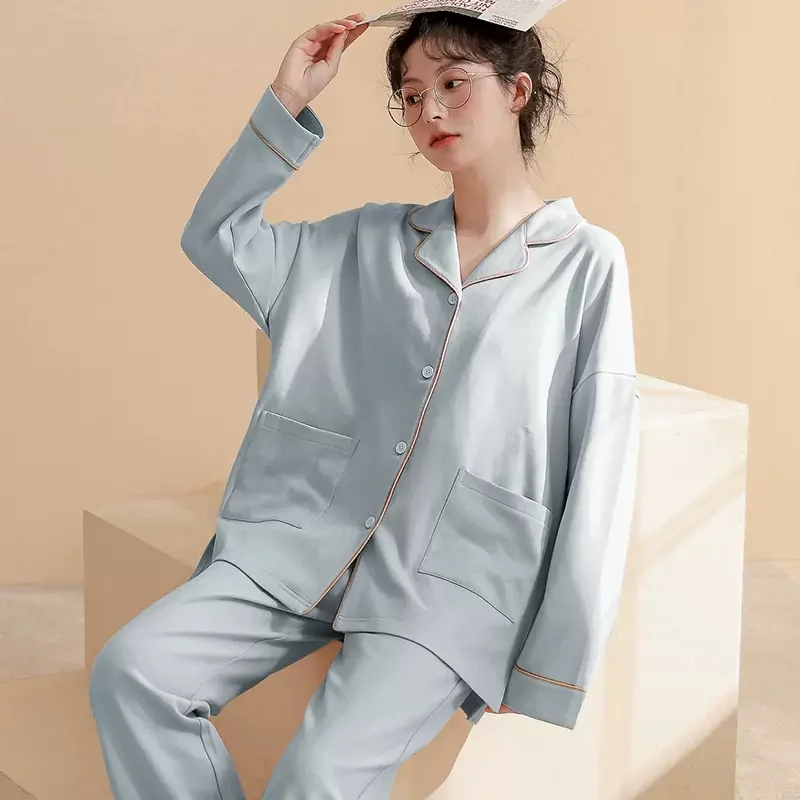 

Autumn Pajamas Set Casual Sleepwear For Women Elastic Pyjama Women's Cotton 2022 Fashion Solid Color Homewear Clothes Plus Size