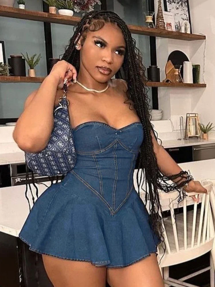 Женское джинсовое облегающее платье без бретелек