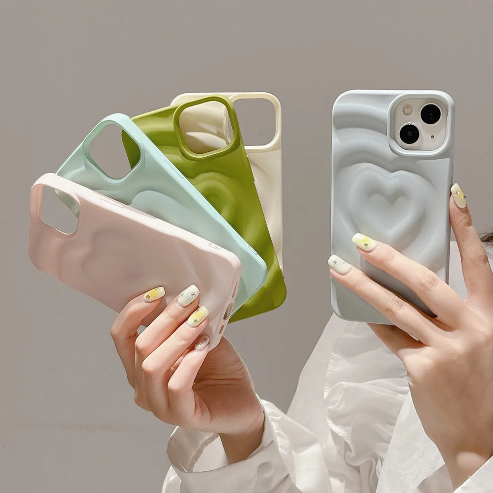 

Matte Solid Love Heart Pattern Folds Shockproof Phone Case For iPhone 11 12 13 14 Pro Max 14 Plus Relief Drop Resistant Cover