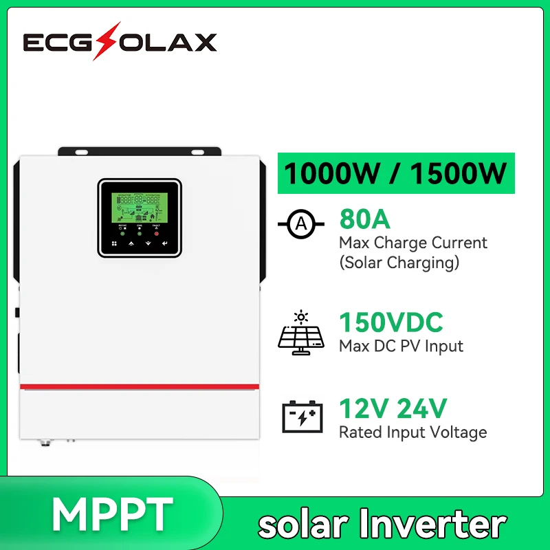 

ECGSOLAX 12V 24V 220V Off Grid Pure Sine Inverter Build in 80A MPPT Solar Charge Controller 1000W 1500W Hybrid Solar Inverter