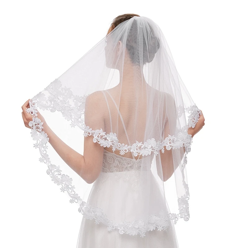 

Bridal Veil Appliques with Comb Sheer Tulle Lace Appliques Wedding Veils Hair Accessories for Bride 2 Tier Elbow Length