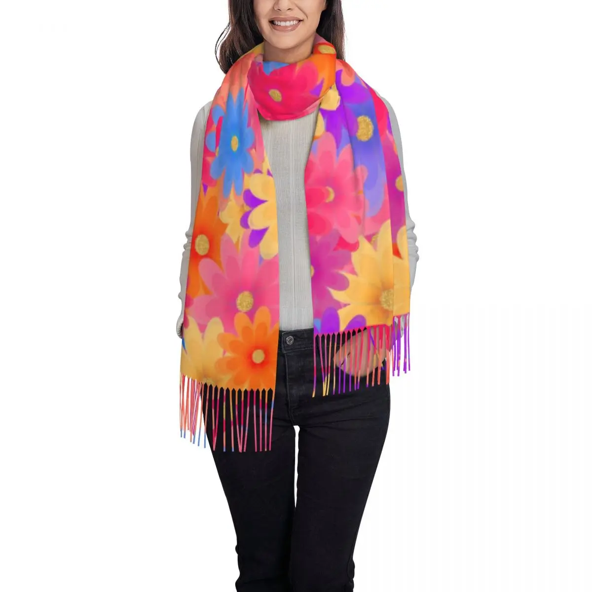 Красочный шарф с яркими цветами и кисточками в стиле ретро теплые мягкие шали