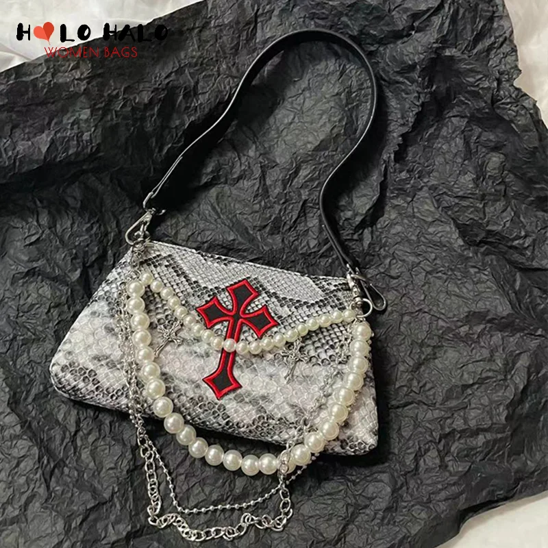 

Y2K Harajuku Punk Serpentine Pattern Cross Women Handbag Female Pearl Chain Retro Underarm Streetwear Gothic Messenger Bag