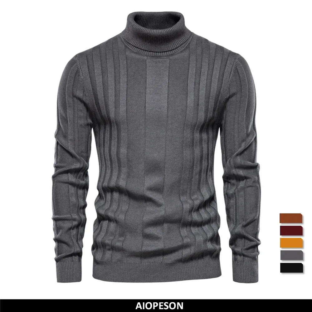 2023 Slim Fit Pullovers Turtleneck Men Casual Basic Solid Color Warm Striped Sweater Mens New Winter Fashion Sweaters Male