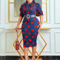 elegant office dresses for women polka dot printed short sleeve high waisted mid calf formal business work wear dress midi cloth