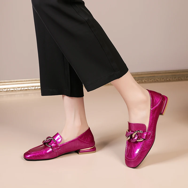 34-43 Rose large size women's shoes cow leather patent leather low heel thick heel metal buckle round head silver women's shoes