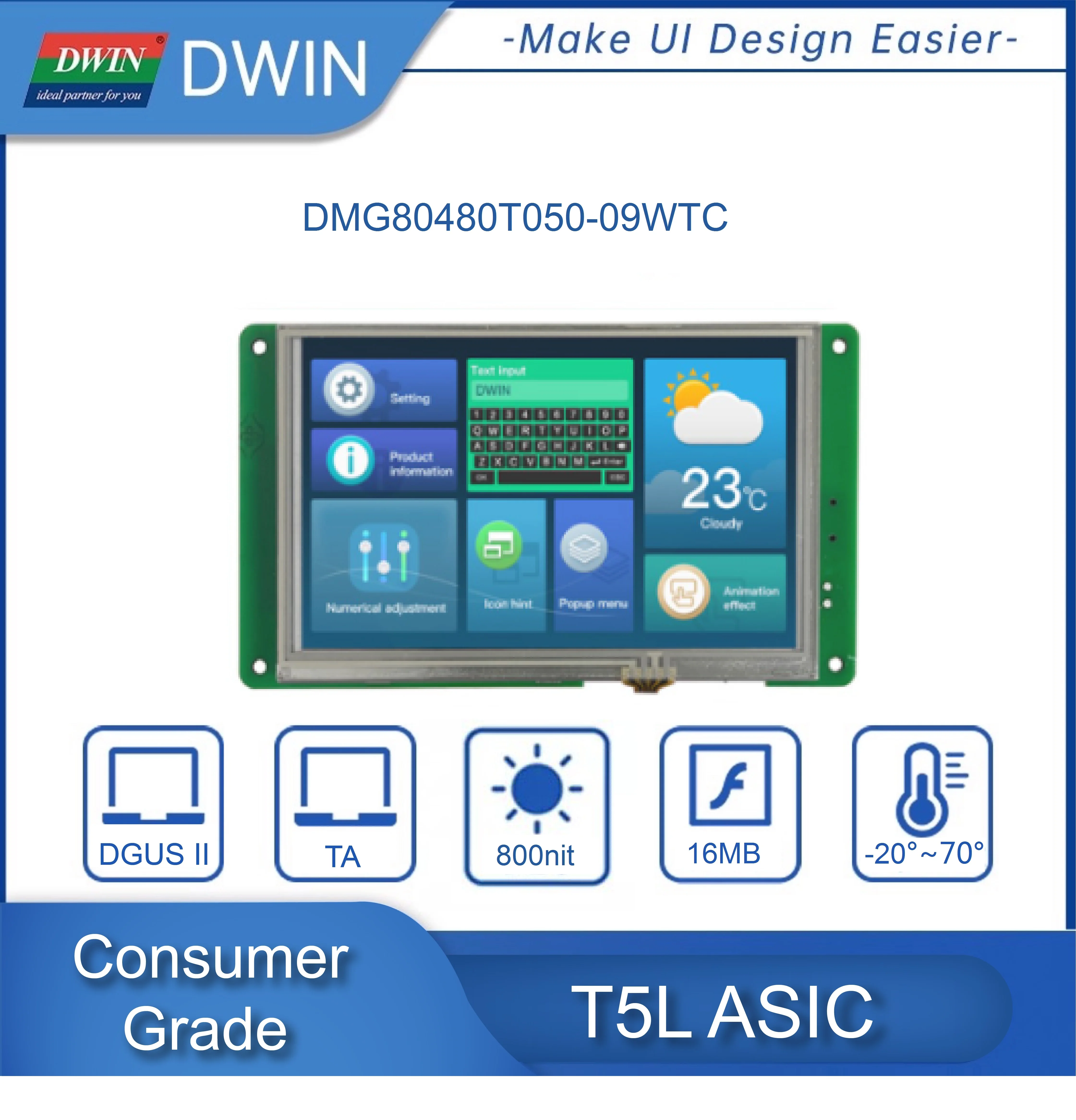 

DWIN 5.0 Inch TFT LCD HMI Display 800*480 RS232/TTL IPS Capacitive Resistive Touch Panel For Arduino DMG80480T050_9W