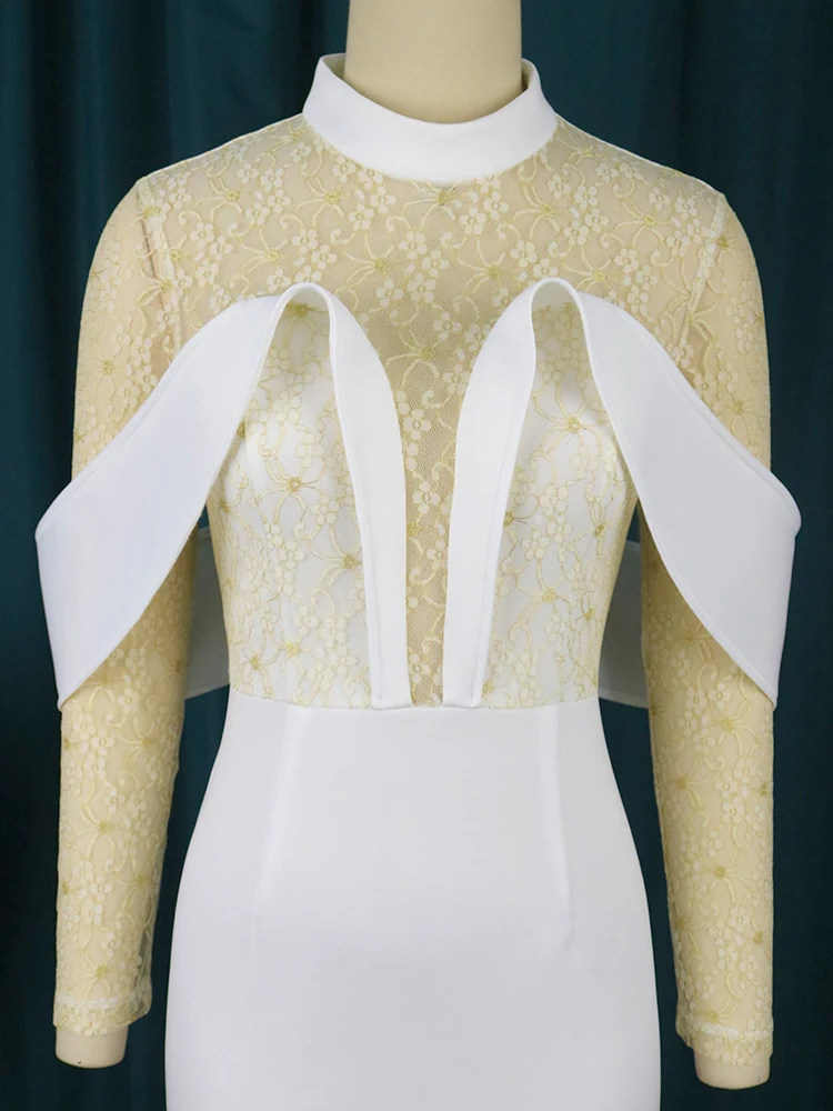 Белое кружевное платье с полувысоким воротником прозрачный вечерний наряд